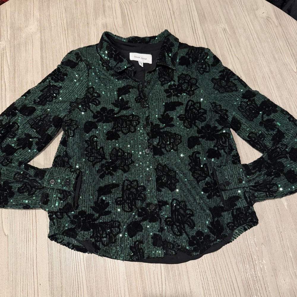 DEAR JOHN Xara Green Blouse Sequins Embroidered Top Flowers Semi Sheer MSRP $104